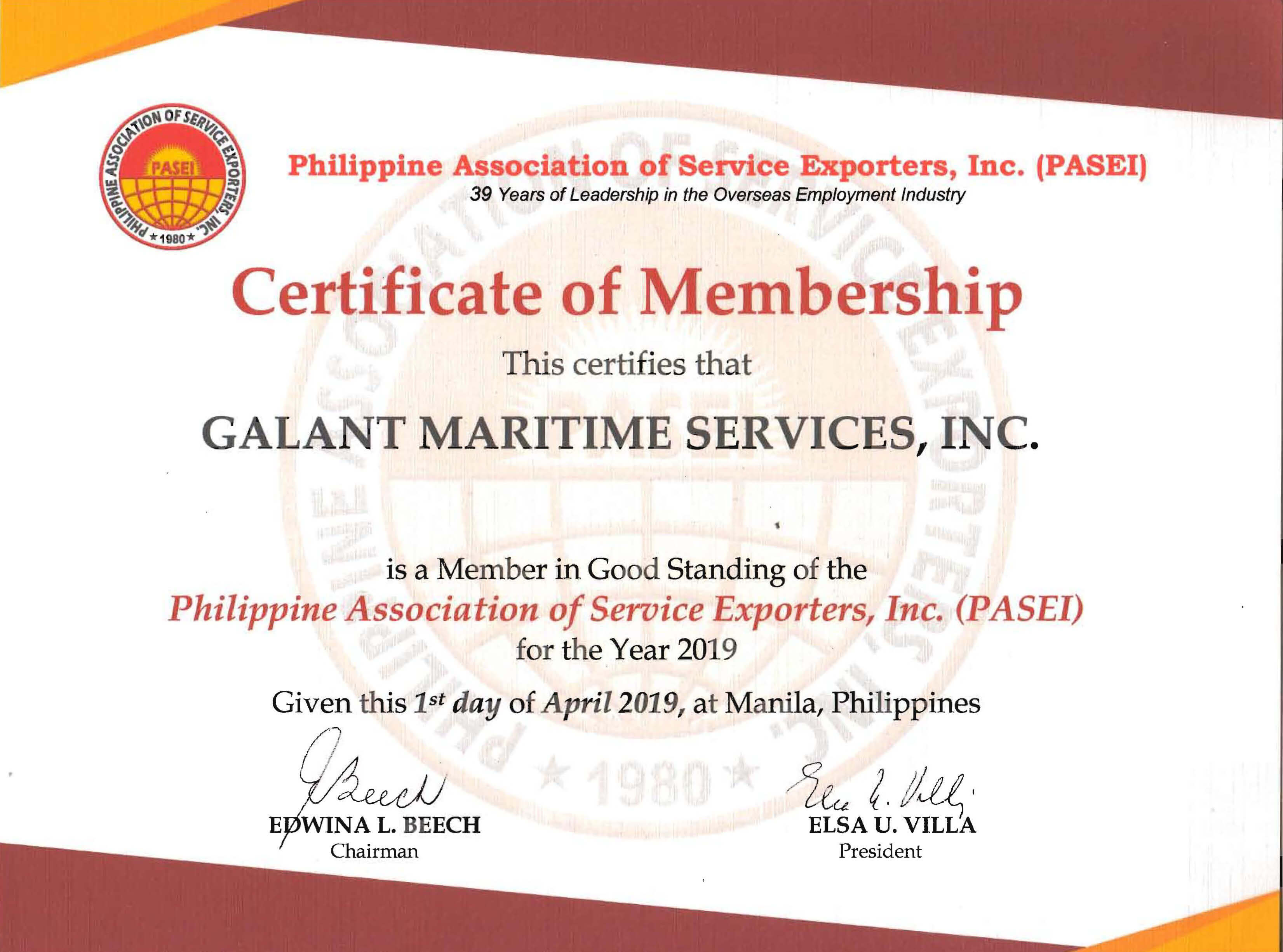 PASEI - Certificate of Membership