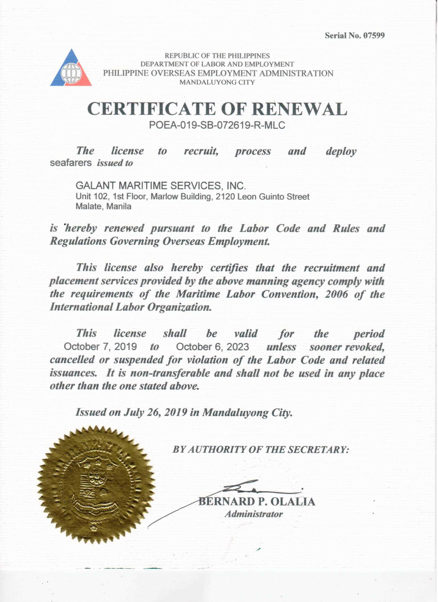 POEA - Certificate of Renewal